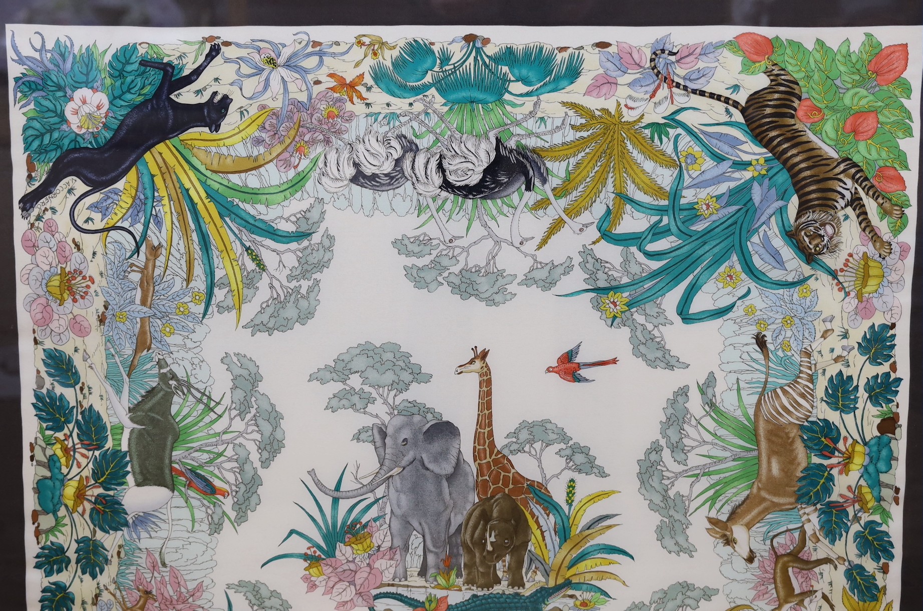 A framed Gucci ‘Jungle’ silk scarf, 84 x 82.5cm
